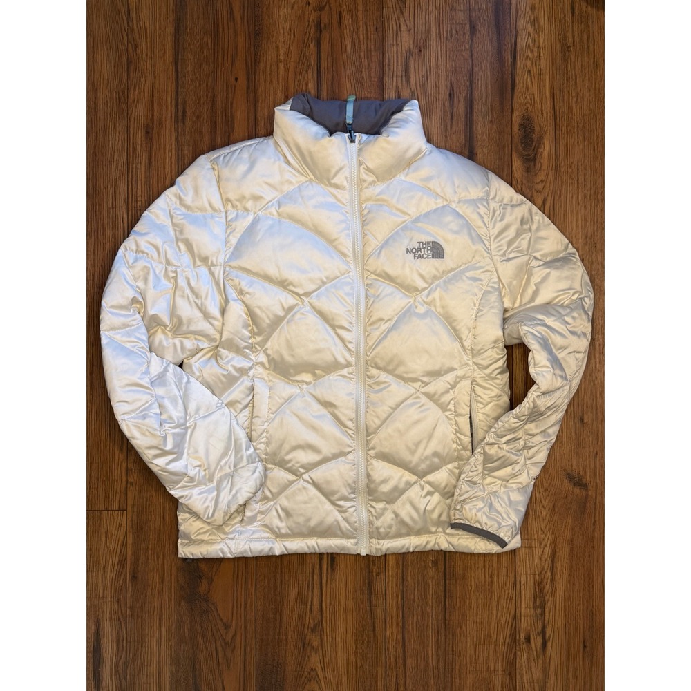 The North Face 550 Down Puffer Jacket Womens Medium Cream White Quilted Zip Up